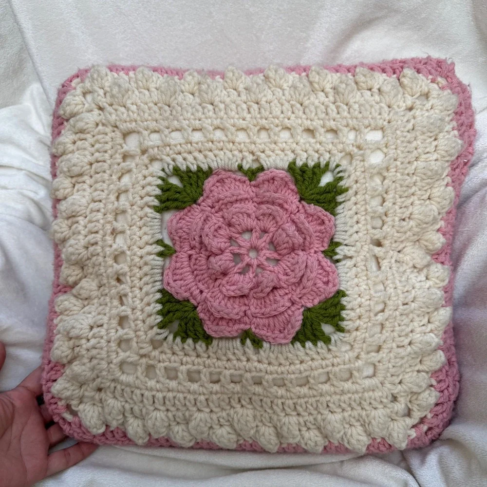 Handmade Crochet Rose Throw Pillow 15x15 Pink Cream Vintage Cottage 3D Floral